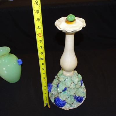 Beautiful Collection of Blue and Light Green Decor; Table Runner, Tall Candelabra (18"), and Glass Vase