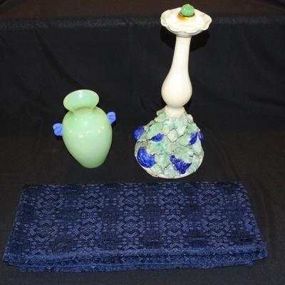 Beautiful Collection of Blue and Light Green Decor; Table Runner, Tall Candelabra (18"), and Glass Vase