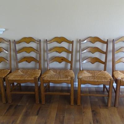 5 Antique Ladderback Rush Seat Dining Chairs Vintage Chair Kitchen Seating Wood Country French Farmhouse Woven Traditional Cottage Rustic