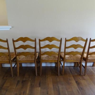 5 Antique Ladderback Rush Seat Dining Chairs Vintage Chair Kitchen Seating Wood Country French Farmhouse Woven Traditional Cottage Rustic
