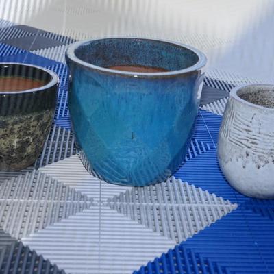 GARDEN FLOWER POTS THREE OF MODERN STYLES. FLAMBE GLAZE BLUE / SLIP WHITE AND MOTTLED GLAZE