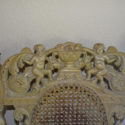 Pair of 18th Century Wood Carved Chair Cherubs Holding a Crown and Flowers, Throne or Italian Hall Chair