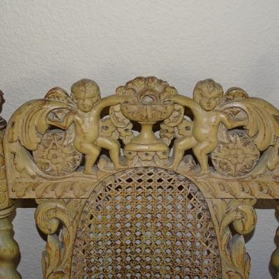 Pair of 18th Century Wood Carved Chair Cherubs Holding a Crown and Flowers, Throne or Italian Hall Chair
