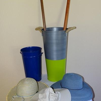 3 Hats, 2 Wooden Canes, 2 Metal Buckets