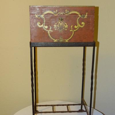 Vintage Hand Painted Red Box on Metal Stand