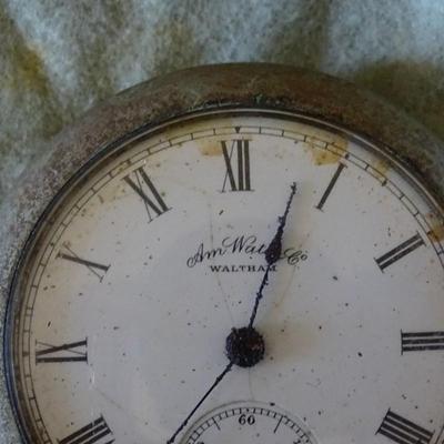 Vintage Silver Tone AM Watch Co. Waltham Mechanical Pocket Watch With Stopwatch Dial Featuring White Face & Roman Markings; and...