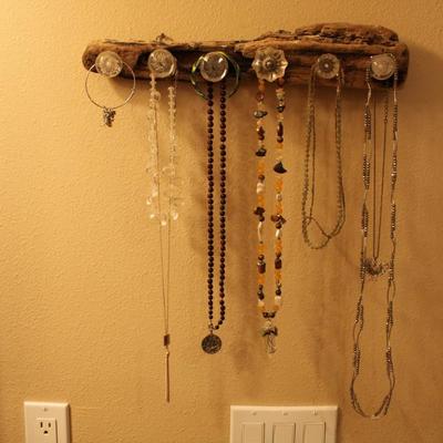 All Things Jewelry;  Unique Necklace Hanger (Antique Glass Drawer Knobs), Jewelry Box and a Collection of Costume Jewelry