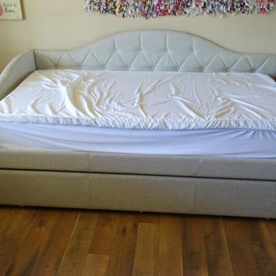 Twin Tufted Fabric Day Bed with Trundle and Two Twin Mattresses
