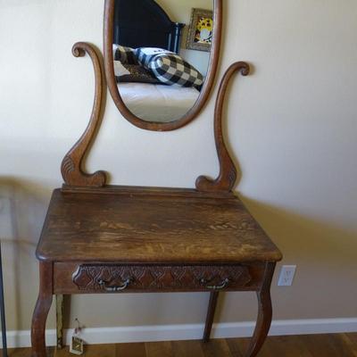 Antique Single Drawer Vanity with Oval Mirror