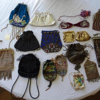 Collection of Decorative Antique Purses and Coin Purses, and Vintage Makeup Case