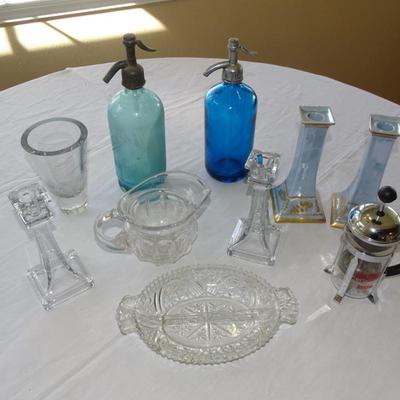 Collection of Candlesticks, Glassware and Glass Soap Dispensers