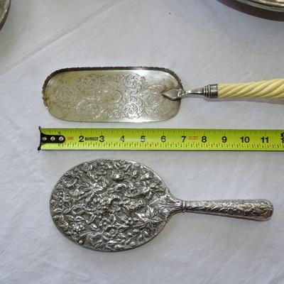 Antique Afternoon Tea Service, English, Silver Plated, Serving Tray, Vintage, vanity set with a bristle brush, comb and mirror.