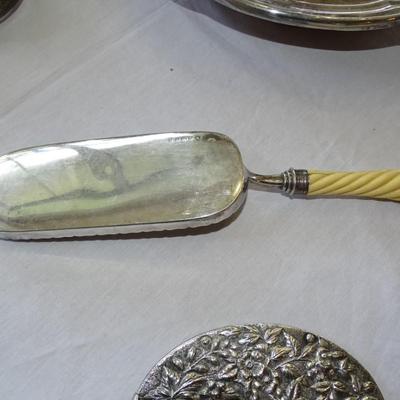 Antique Afternoon Tea Service, English, Silver Plated, Serving Tray, Vintage, vanity set with a bristle brush, comb and mirror.