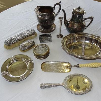 Antique Afternoon Tea Service, English, Silver Plated, Serving Tray, Vintage, vanity set with a bristle brush, comb and mirror.