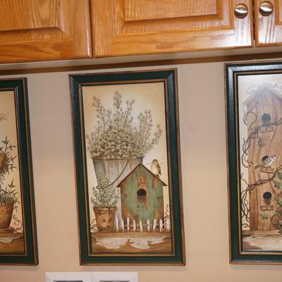THREE GARDEN STYLE FRAMED PRINTS OF BIRD HOUSES
