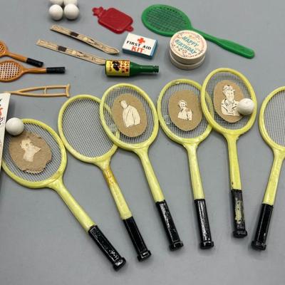 Vintage Lot of Plastic Miniatures Tennis Rackets & More