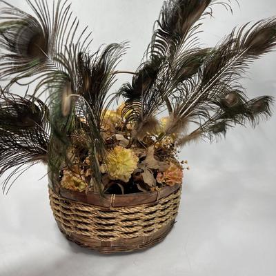 Vintage Mid Century Home Decor Faux Flowers with Peacock Feathers Basket Arrangement
