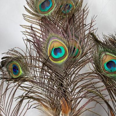 Vintage Mid Century Home Decor Faux Flowers with Peacock Feathers Basket Arrangement