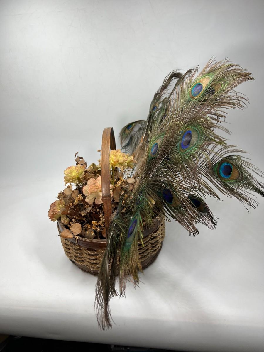 Vintage Mid Century Home Decor Faux Flowers with Peacock Feathers Basket  Arrangement