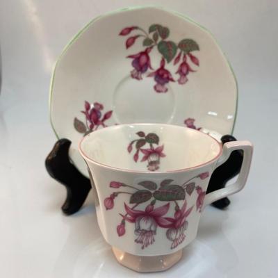 Queen's Fuchsia Snowcap Mrs Popple Designed by J.W Bradley Bone China Teacup & Saucer Set