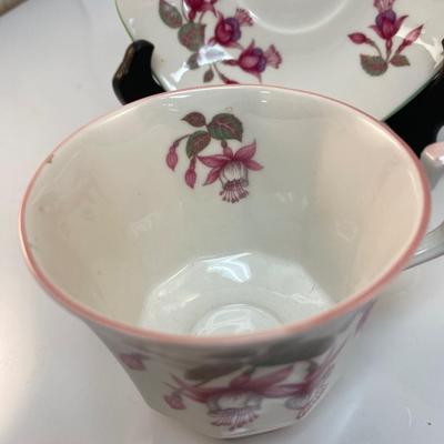 Queen's Fuchsia Snowcap Mrs Popple Designed by J.W Bradley Bone China Teacup & Saucer Set