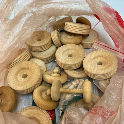 Mixed Lot of Wood Wheels and Pegs for Crafting