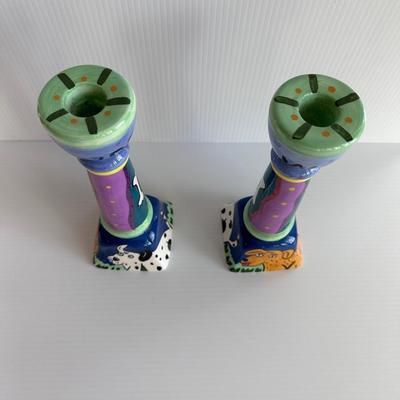 PAIR, KAREN GELFF HAPPY DOG & CAT CHALEUR CANDLESTICKS
