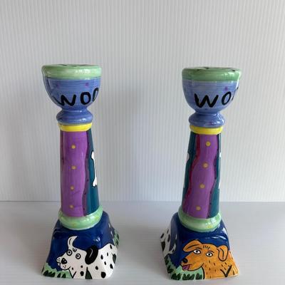PAIR, KAREN GELFF HAPPY DOG & CAT CHALEUR CANDLESTICKS
