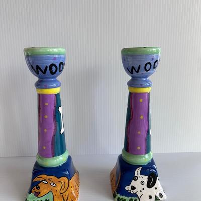 PAIR, KAREN GELFF HAPPY DOG & CAT CHALEUR CANDLESTICKS