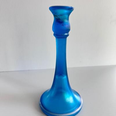 VINTAGE DUGAN BLUE STRETCH GLASS CANDLESTICK HOLDER