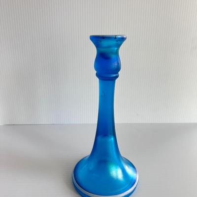 VINTAGE DUGAN BLUE STRETCH GLASS CANDLESTICK HOLDER