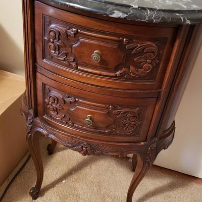 2 antique oval end tables with marble tops