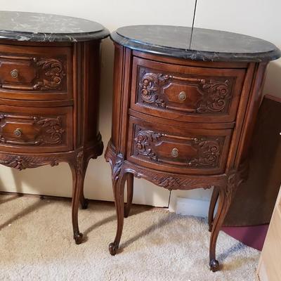 2 antique oval end tables with marble tops