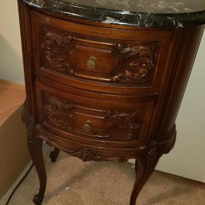 2 antique oval end tables with marble tops