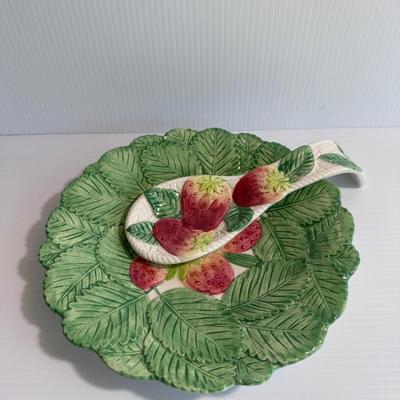 TWO PIECE, VINTAGE FITZ & FLOYD STRAWBERRY PLATE & SPOON REST