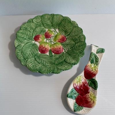 TWO PIECE, VINTAGE FITZ & FLOYD STRAWBERRY PLATE & SPOON REST