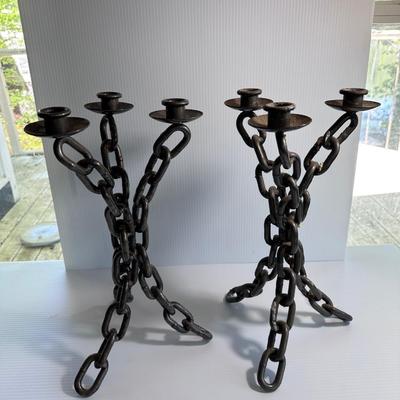 PAIR, VINTAGE BRUTALIST CHAIN LINK CANDLE HOLDERS