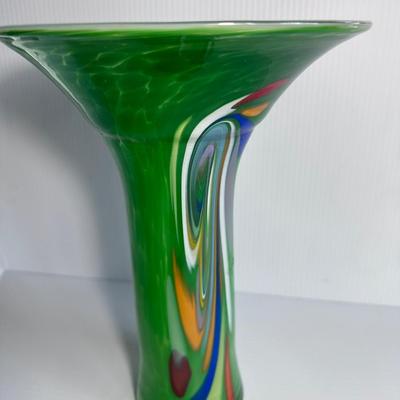 GREEN CASED ART GLASS TRUMPET VASE