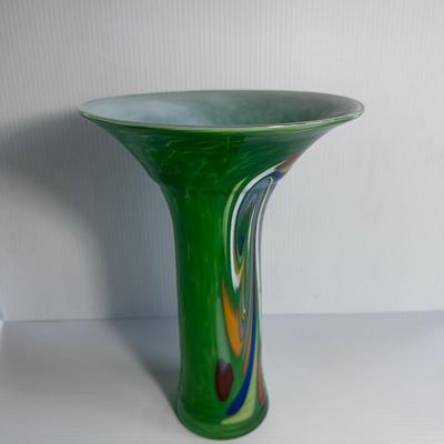 GREEN CASED ART GLASS TRUMPET VASE