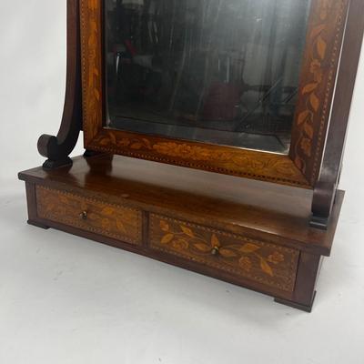 1219 Antique Dutch Marquetry Inlay Two Drawer Dresser Beveled Mirror