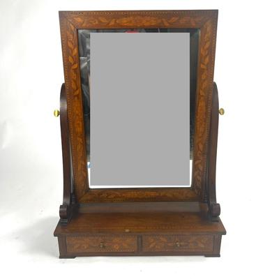 1219 Antique Dutch Marquetry Inlay Two Drawer Dresser Beveled Mirror