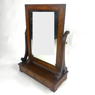 1219 Antique Dutch Marquetry Inlay Two Drawer Dresser Beveled Mirror