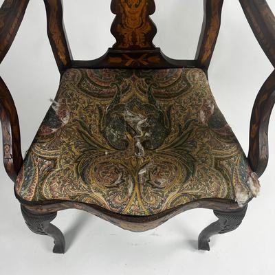 1225 Antique Dutch Marquetry Inlay Arm Chair