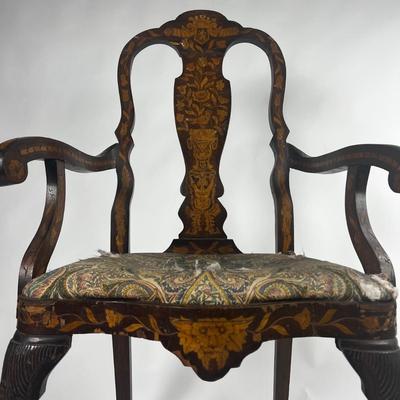 1225 Antique Dutch Marquetry Inlay Arm Chair