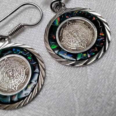 Blue Fire Opal Surrounding Aztec Coin 925 Mexico Silver