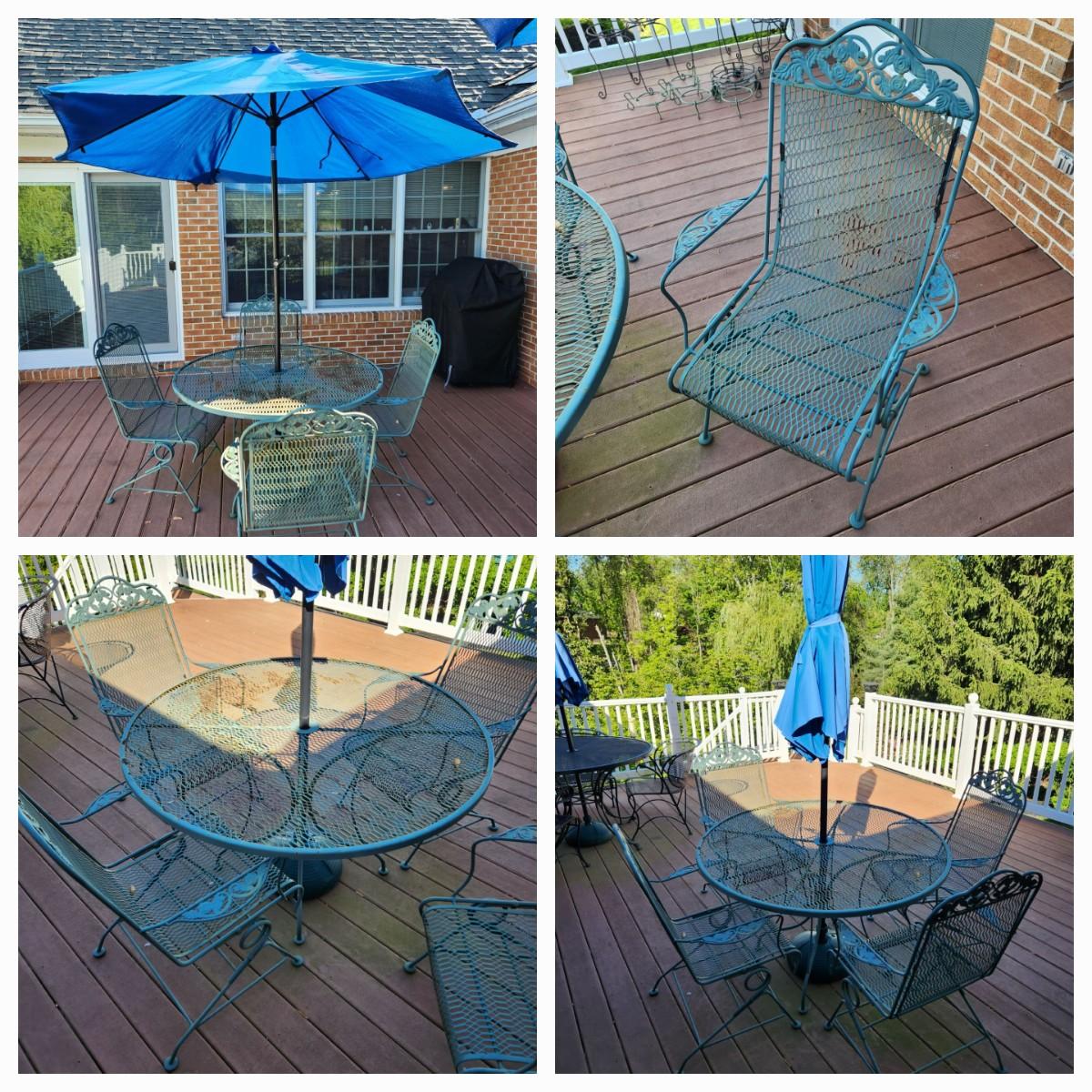 Wire Mesh Patio Table W 4 Spring Chairs 48" Diameter with Umbrella and