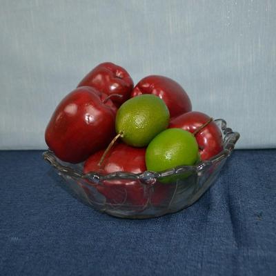 LOT 225 GLASS BOWL, DECORATIVE FRUIT AND TURKEY SALT AND PEPPER SET