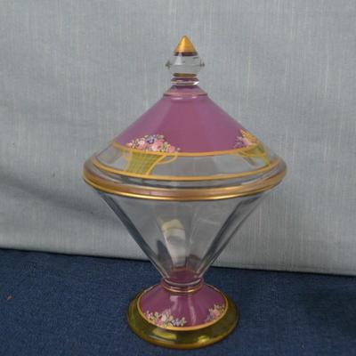 LOT 302 PINK GLASS CONE JAR WITH LID AND DECORATIVE SPOON