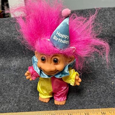 Retro Happy Birthday Festive Troll Doll Pink Hair Clown Outfit