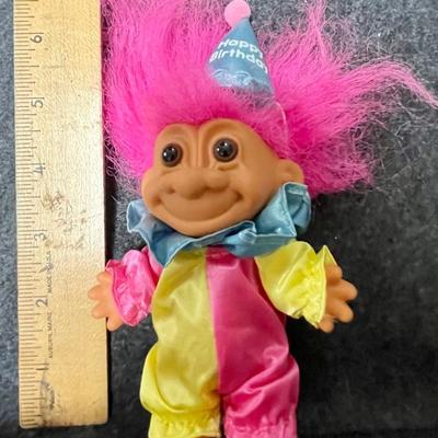 Retro Happy Birthday Festive Troll Doll Pink Hair Clown Outfit